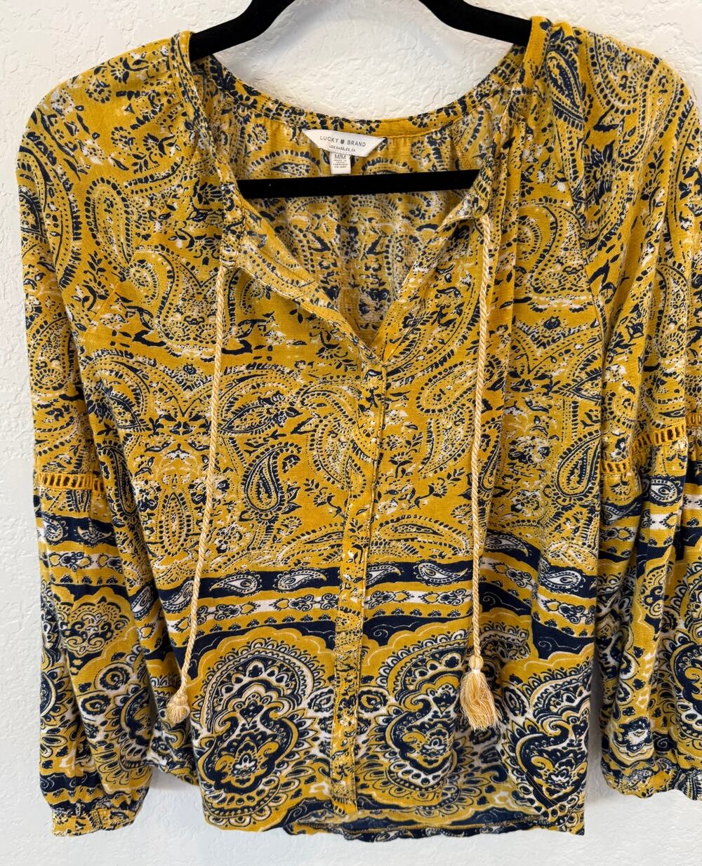Lucky Brand Womens Paisley Peasant Blouse Mustard Yellow Navy Boho Tassel Top M